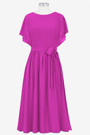 Chiffon Column Boat Neck Short Sleeves Bridesmaid Dress-B14067