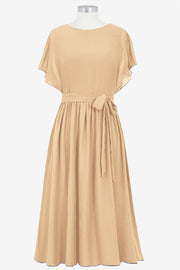 Chiffon Column Boat Neck Short Sleeves Bridesmaid Dress-B14067