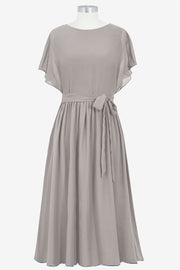 Chiffon Column Boat Neck Short Sleeves Bridesmaid Dress-B14067
