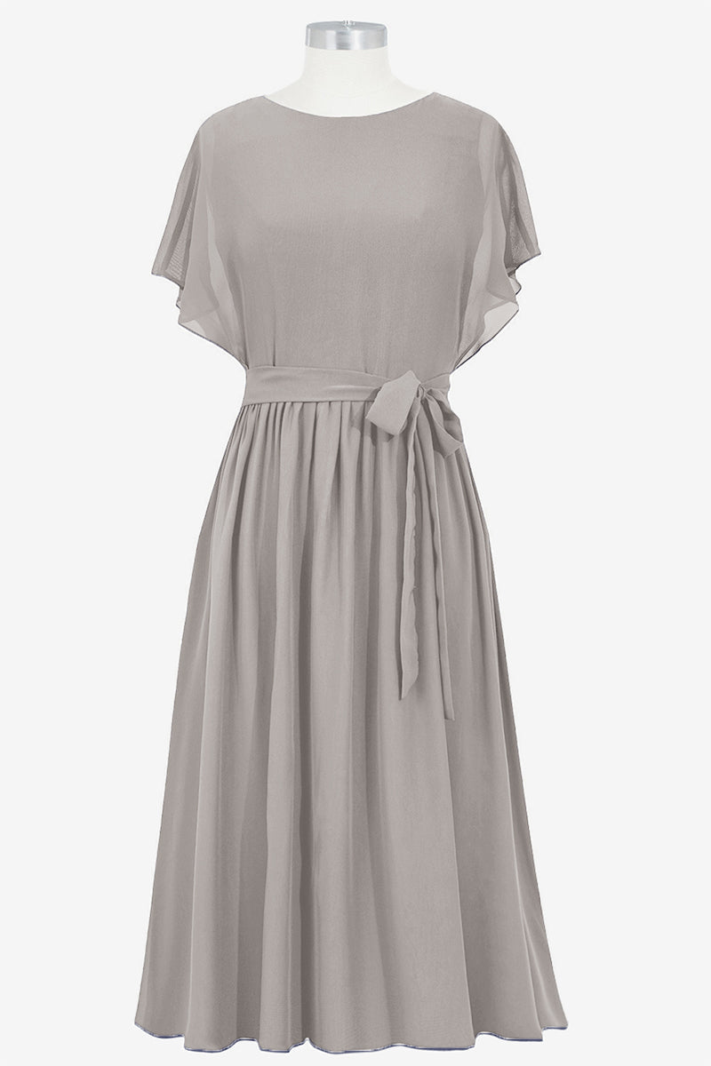 Chiffon Column Boat Neck Short Sleeves Bridesmaid Dress-B14067