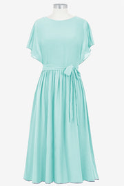 Chiffon Column Boat Neck Short Sleeves Bridesmaid Dress-B14067