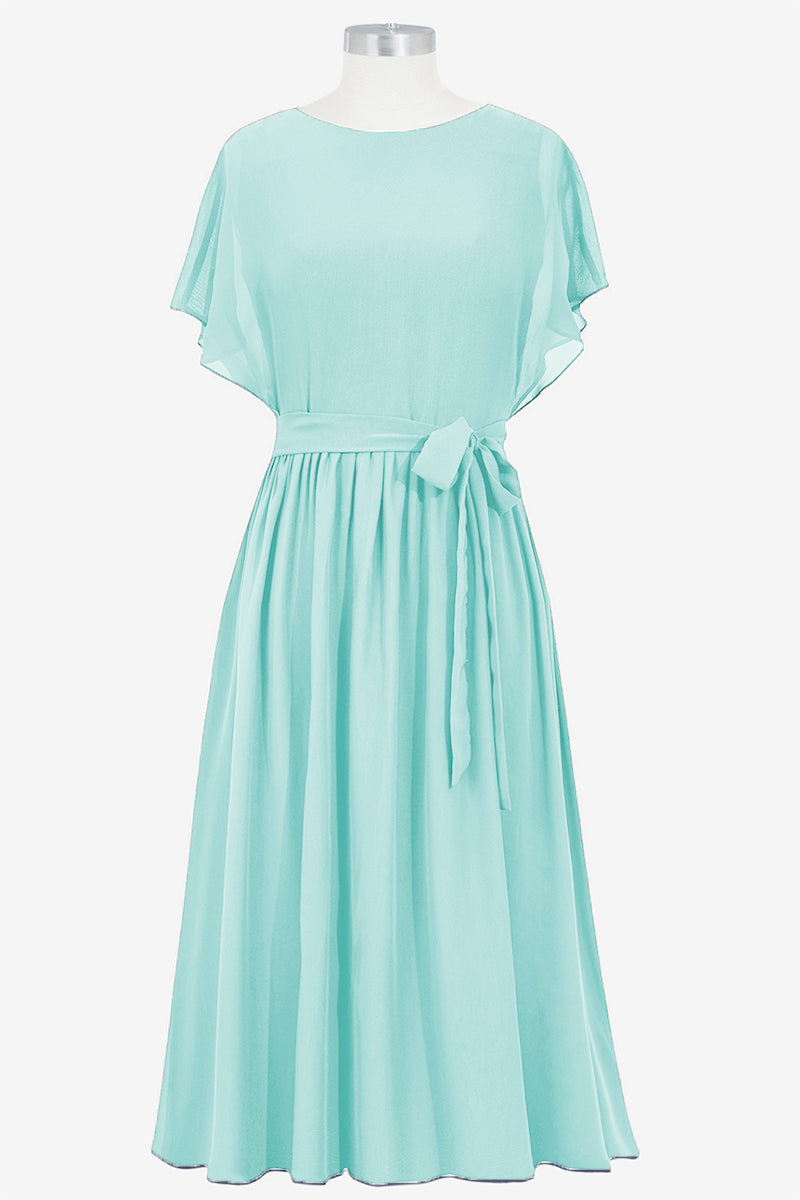 Chiffon Column Boat Neck Short Sleeves Bridesmaid Dress-B14067