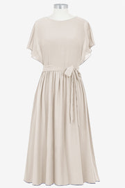 Chiffon Column Boat Neck Short Sleeves Bridesmaid Dress-B14067