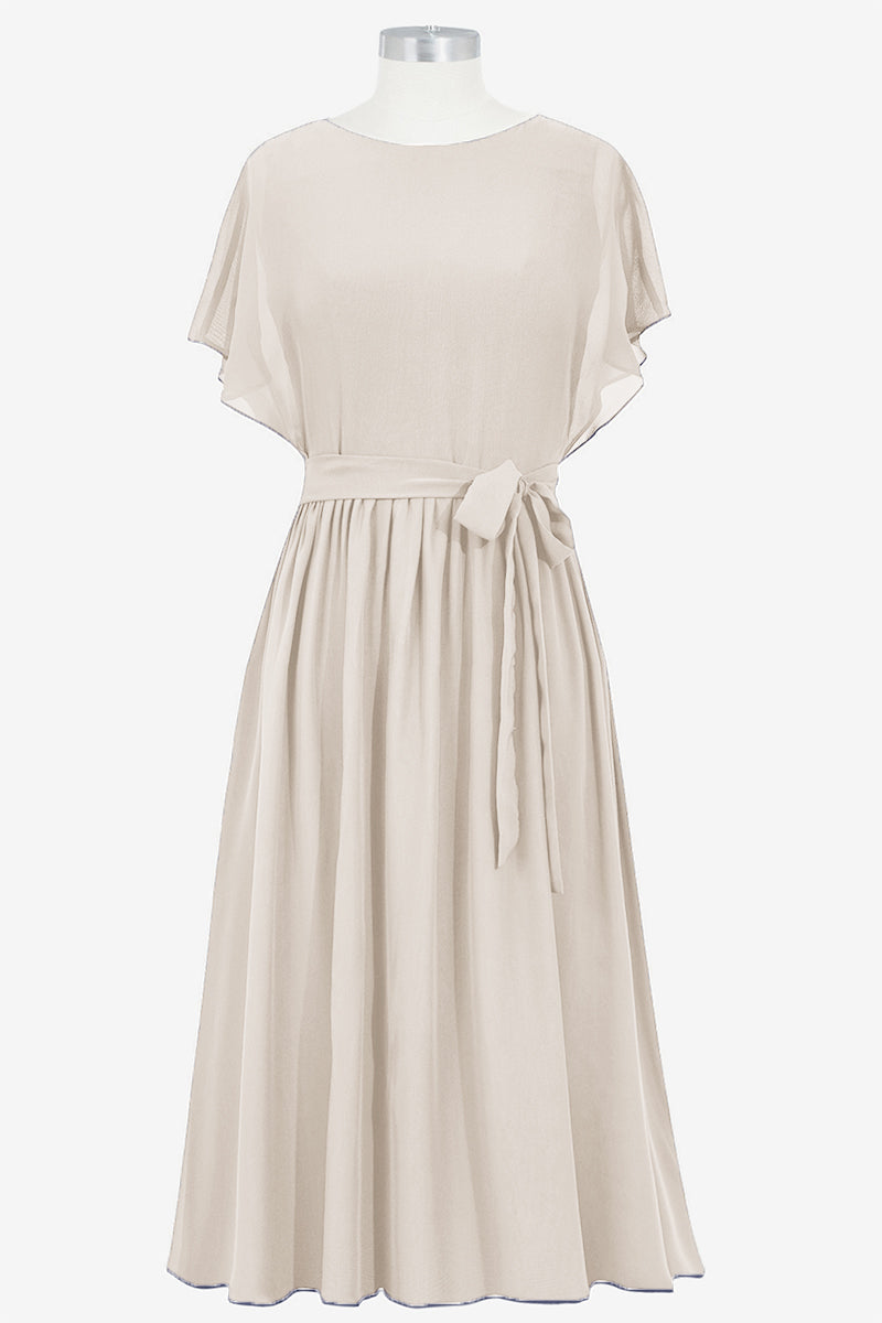 Chiffon Column Boat Neck Short Sleeves Bridesmaid Dress-B14067