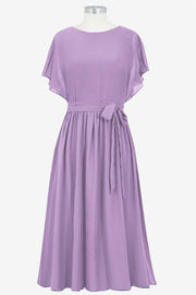 Chiffon Column Boat Neck Short Sleeves Bridesmaid Dress-B14067