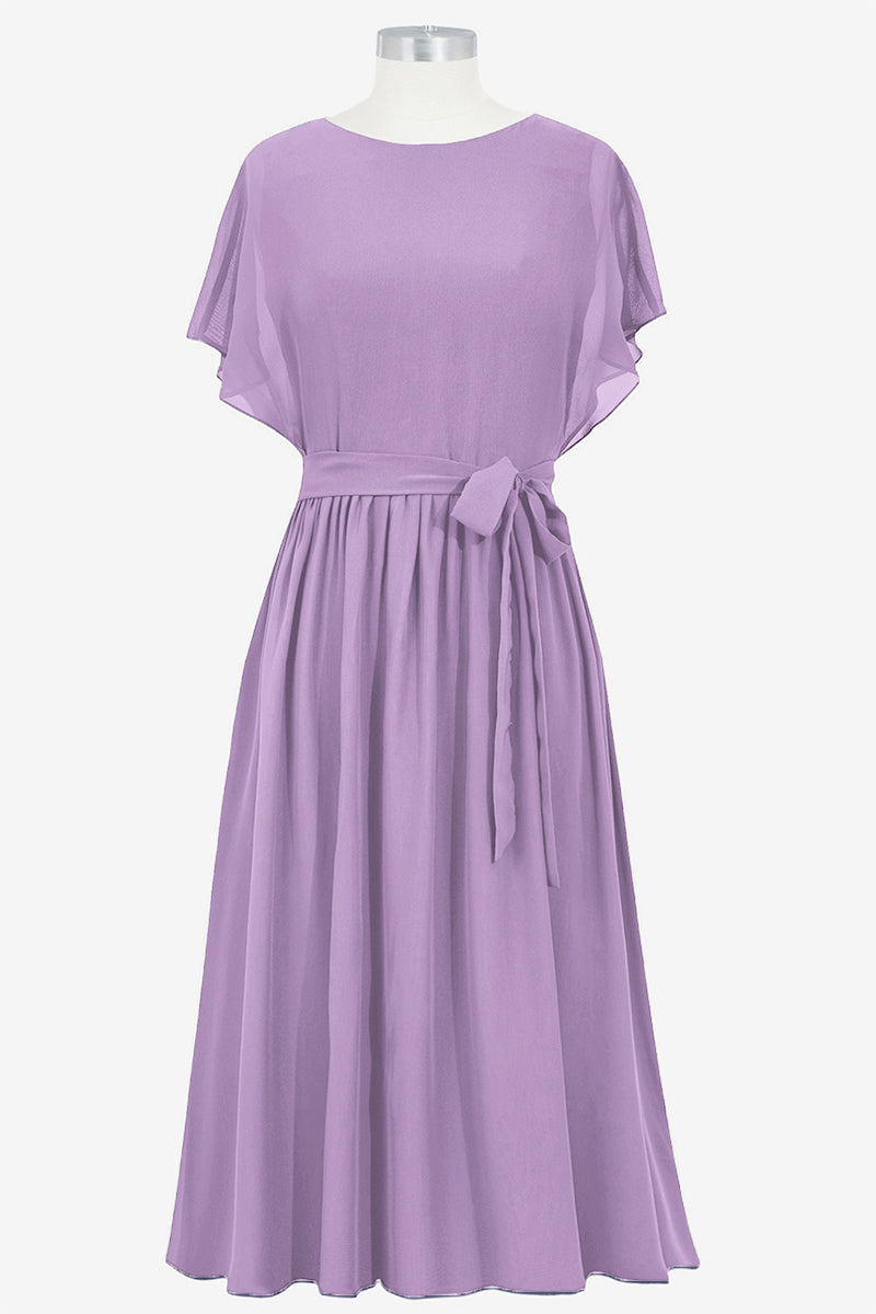 Chiffon Column Boat Neck Short Sleeves Bridesmaid Dress-B14067