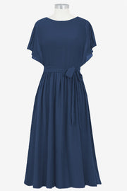 Chiffon Column Boat Neck Short Sleeves Bridesmaid Dress-B14067