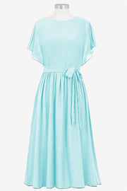 Chiffon Column Boat Neck Short Sleeves Bridesmaid Dress-B14067