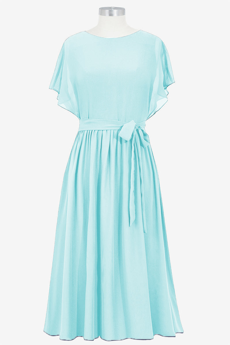 Chiffon Column Boat Neck Short Sleeves Bridesmaid Dress-B14067