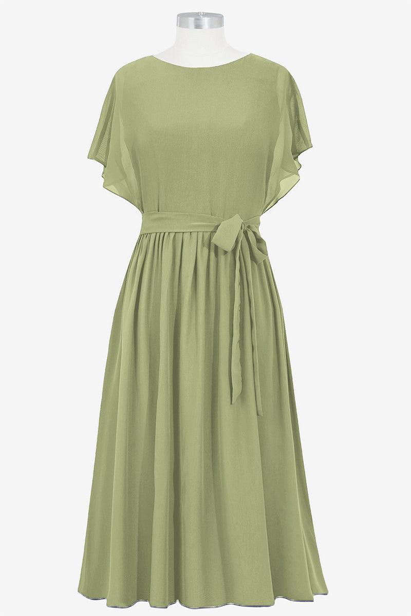 Chiffon Column Boat Neck Short Sleeves Bridesmaid Dress-B14067