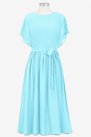 Chiffon Column Boat Neck Short Sleeves Bridesmaid Dress-B14067