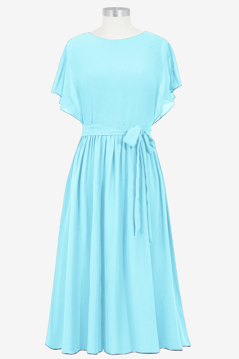 Chiffon Column Boat Neck Short Sleeves Bridesmaid Dress-B14067