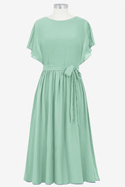 Chiffon Column Boat Neck Short Sleeves Bridesmaid Dress-B14067