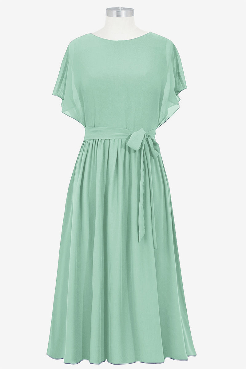 Chiffon Column Boat Neck Short Sleeves Bridesmaid Dress-B14067