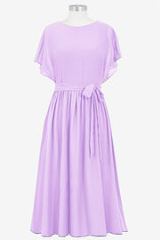 Chiffon Column Boat Neck Short Sleeves Bridesmaid Dress-B14067