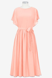 Chiffon Column Boat Neck Short Sleeves Bridesmaid Dress-B14067