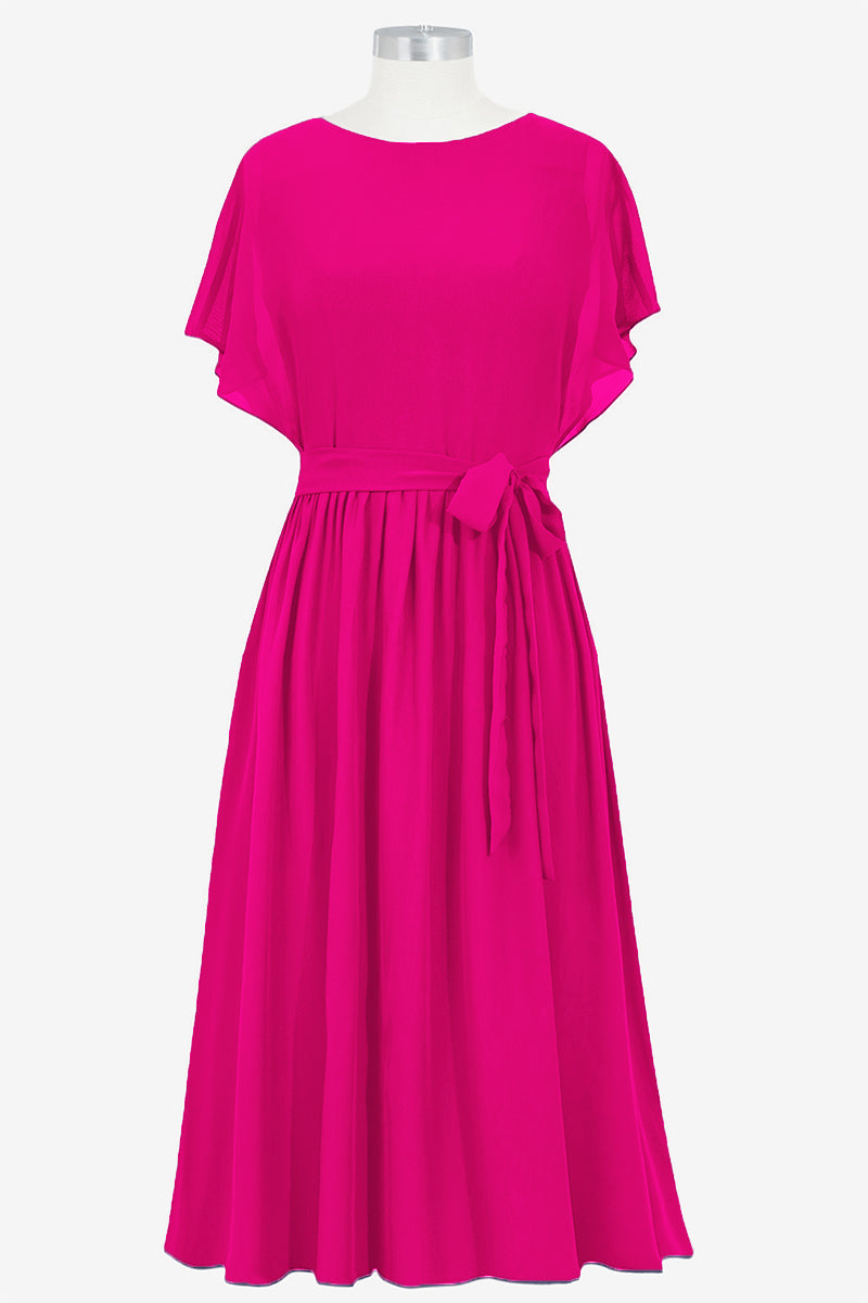Chiffon Column Boat Neck Short Sleeves Bridesmaid Dress-B14067