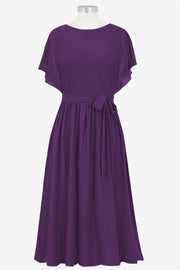 Chiffon Column Boat Neck Short Sleeves Bridesmaid Dress-B14067