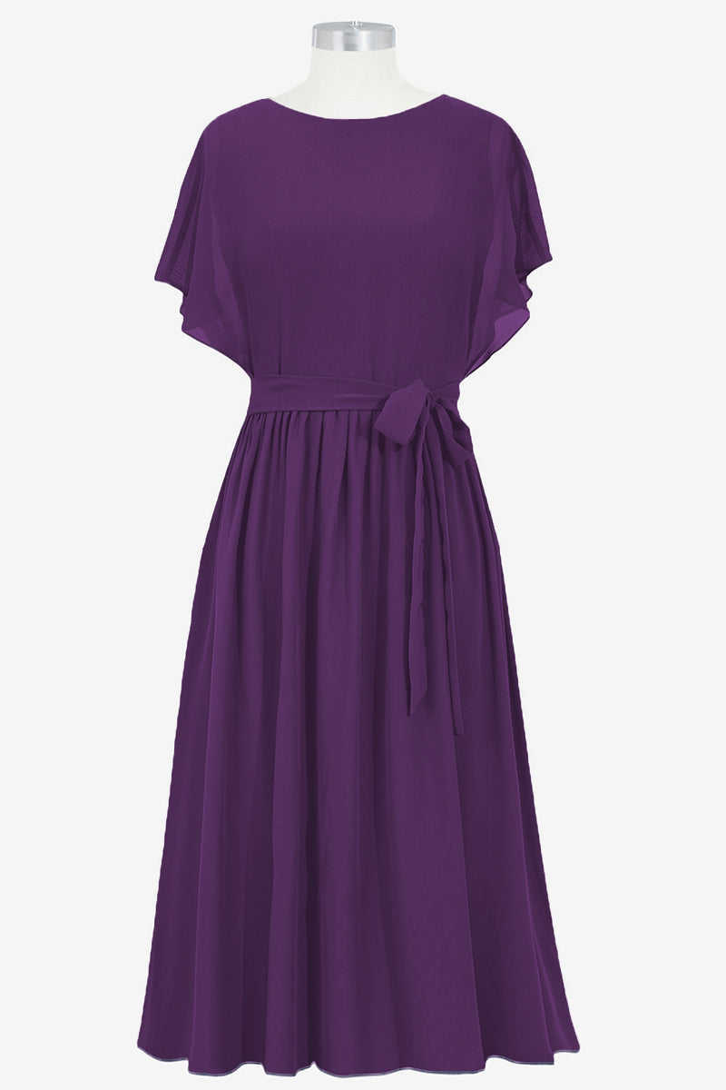 Chiffon Column Boat Neck Short Sleeves Bridesmaid Dress-B14067