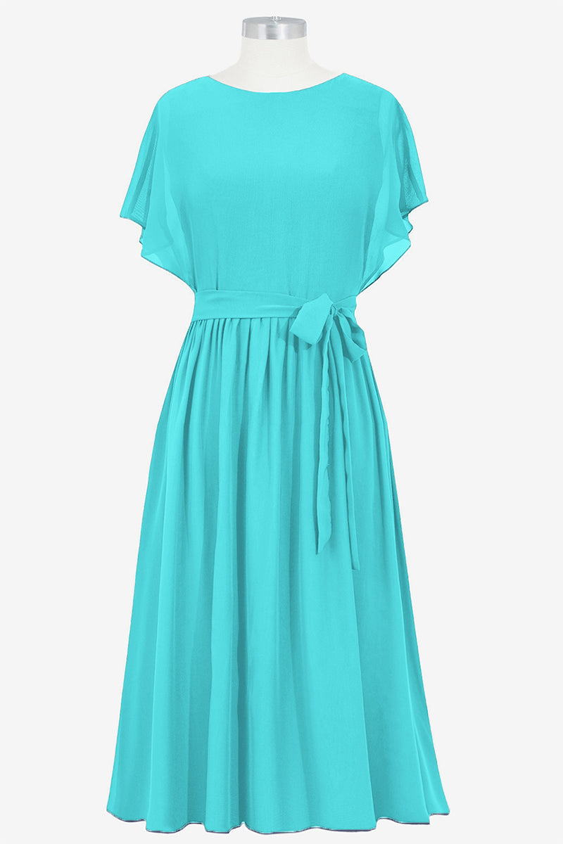 Chiffon Column Boat Neck Short Sleeves Bridesmaid Dress-B14067