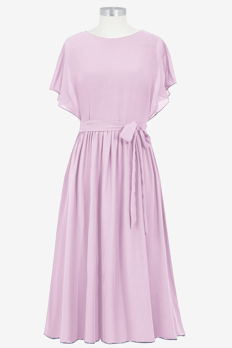 Chiffon Column Boat Neck Short Sleeves Bridesmaid Dress-B14067