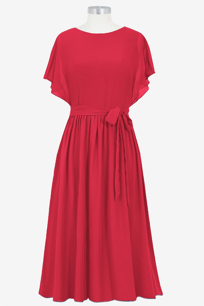 Chiffon Column Boat Neck Short Sleeves Bridesmaid Dress-B14067
