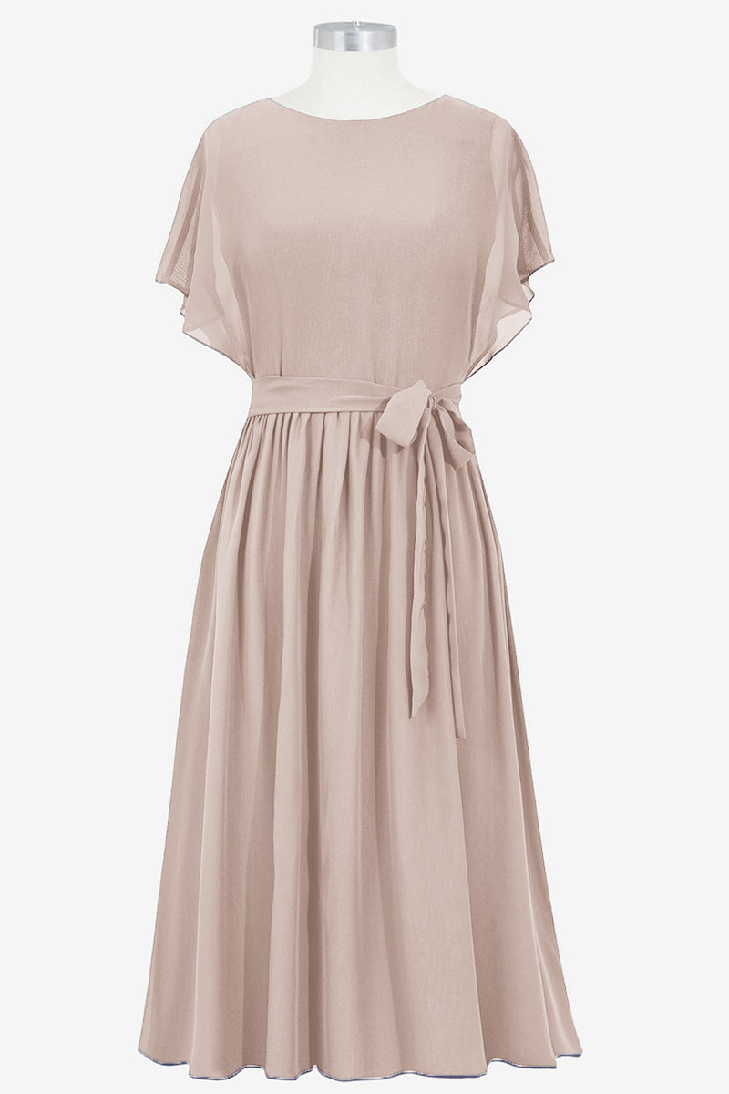 Chiffon Column Boat Neck Short Sleeves Bridesmaid Dress-B14067