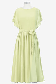 Chiffon Column Boat Neck Short Sleeves Bridesmaid Dress-B14067