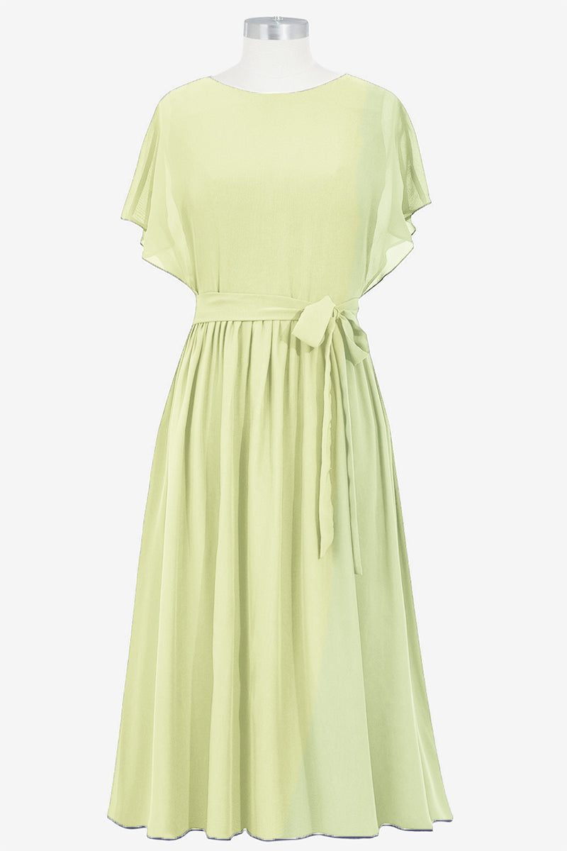 Chiffon Column Boat Neck Short Sleeves Bridesmaid Dress-B14067