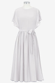 Chiffon Column Boat Neck Short Sleeves Bridesmaid Dress-B14067