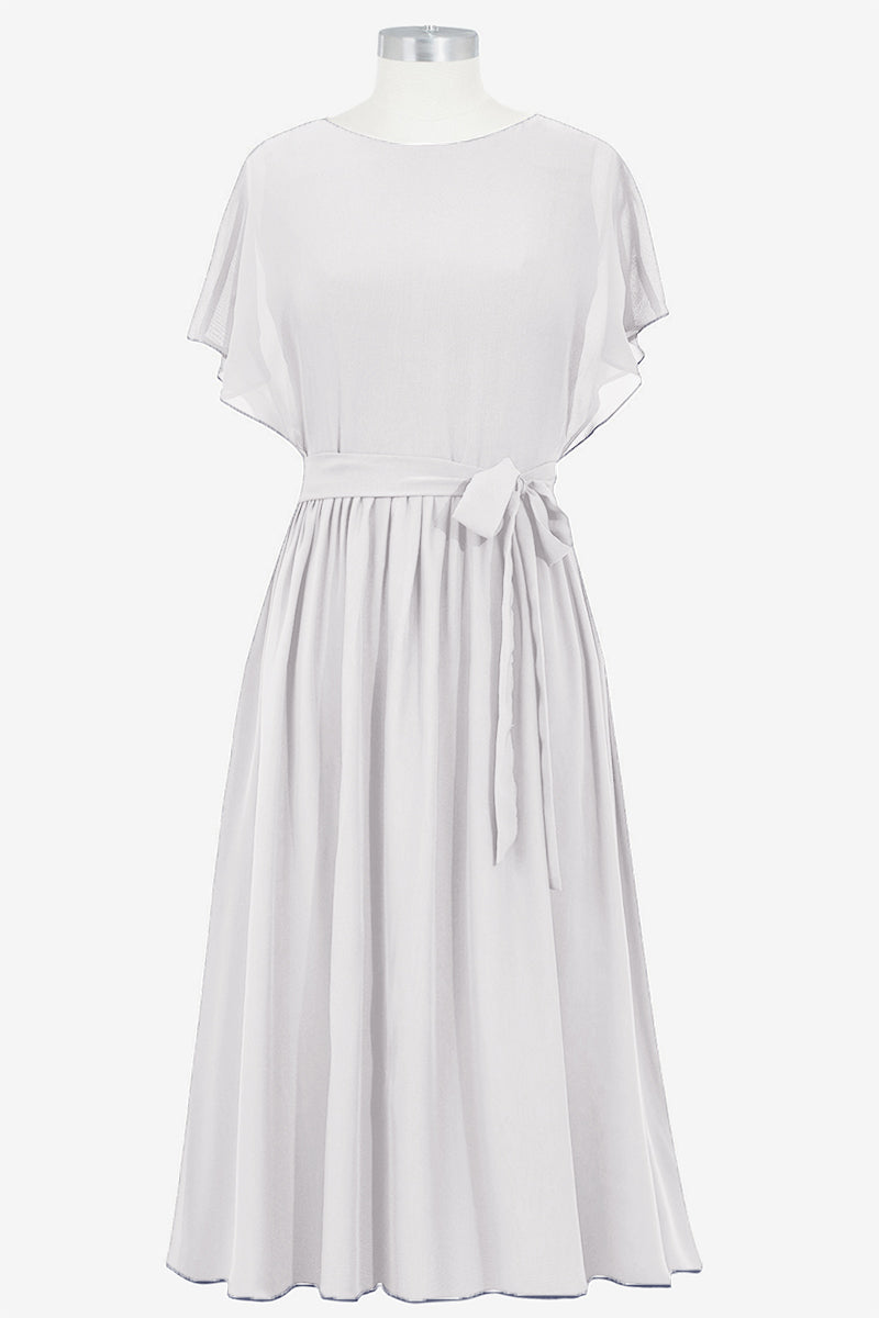 Chiffon Column Boat Neck Short Sleeves Bridesmaid Dress-B14067