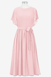Chiffon Column Boat Neck Short Sleeves Bridesmaid Dress-B14067