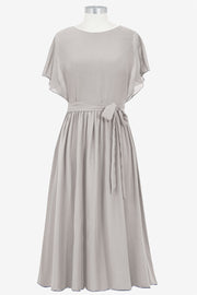 Chiffon Column Boat Neck Short Sleeves Bridesmaid Dress-B14067