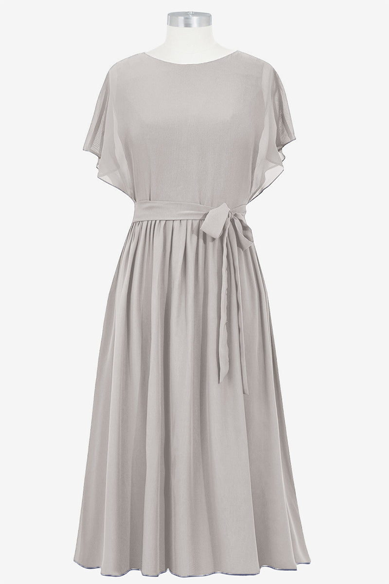 Chiffon Column Boat Neck Short Sleeves Bridesmaid Dress-B14067