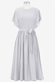 Chiffon Column Boat Neck Short Sleeves Bridesmaid Dress-B14067