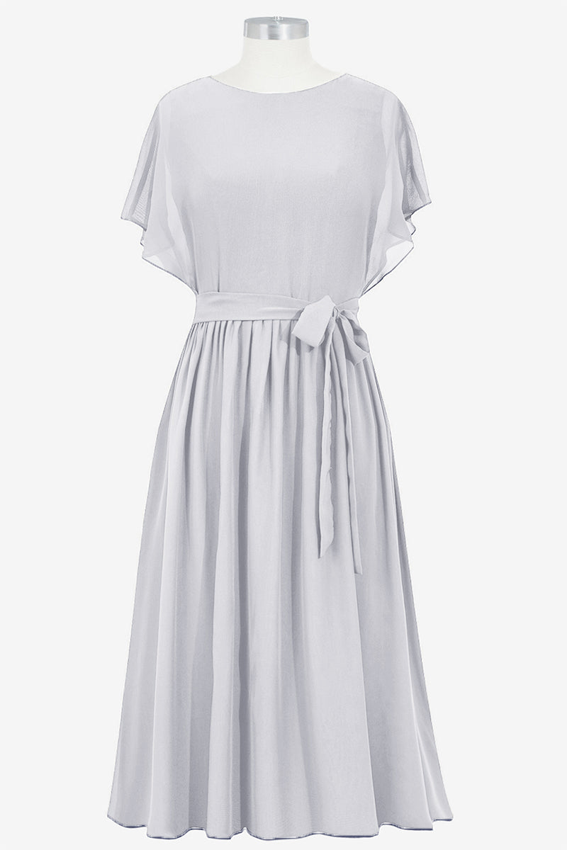 Chiffon Column Boat Neck Short Sleeves Bridesmaid Dress-B14067