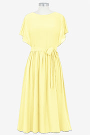 Chiffon Column Boat Neck Short Sleeves Bridesmaid Dress-B14067