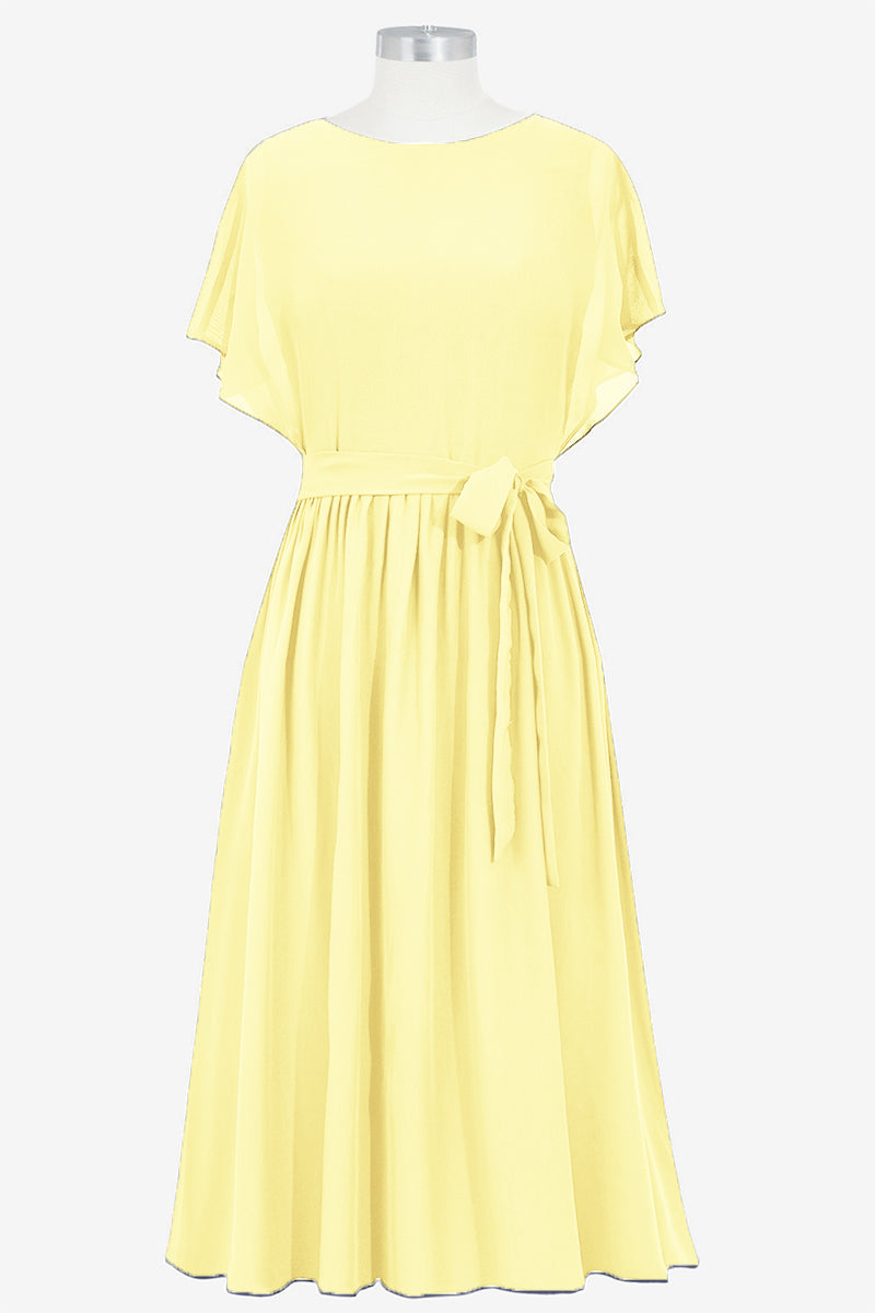 Chiffon Column Boat Neck Short Sleeves Bridesmaid Dress-B14067