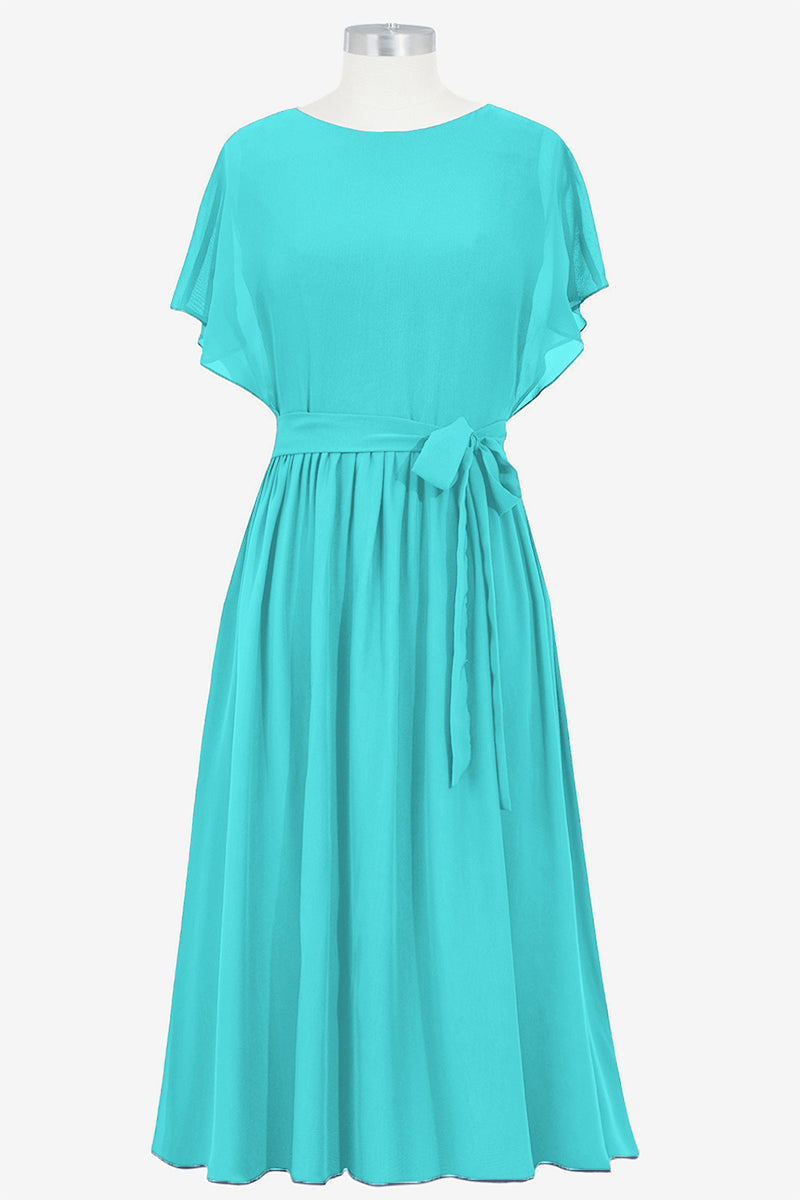 Chiffon Column Boat Neck Short Sleeves Bridesmaid Dress-B14067