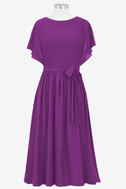 Chiffon Column Boat Neck Short Sleeves Bridesmaid Dress-B14067