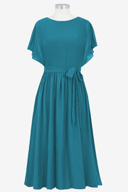 Chiffon Column Boat Neck Short Sleeves Bridesmaid Dress-B14067