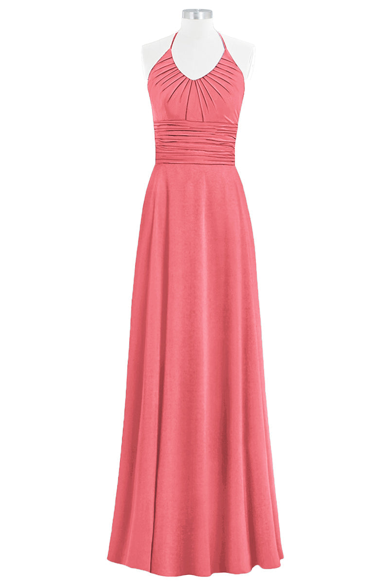 Chiffon Column Halter Sleeveless Bridesmaid Dress-B14073