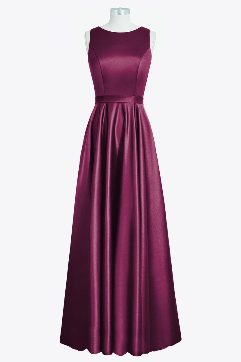 Satin Column Boat Neck Sleeveless Bridesmaid Dress-B14097