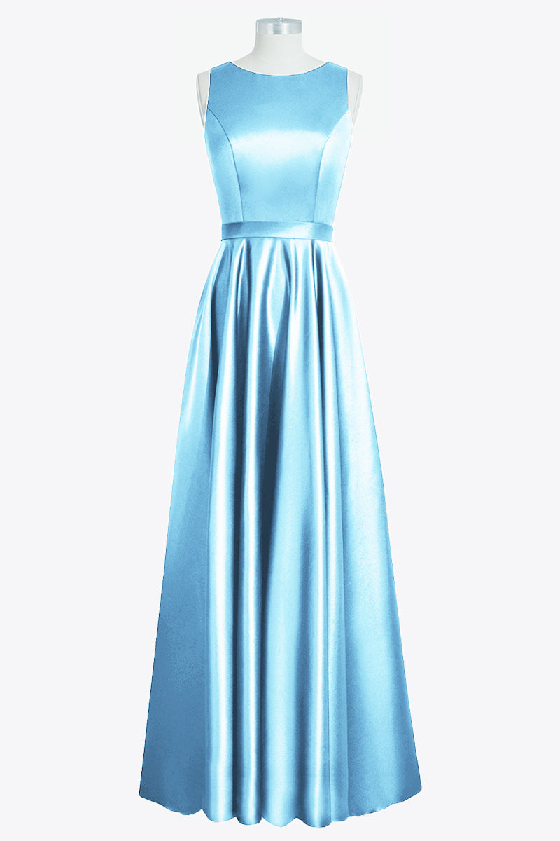 Satin Column Boat Neck Sleeveless Bridesmaid Dress-B14097