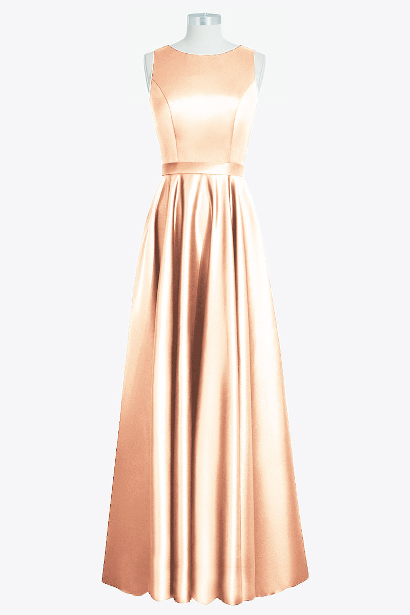 Satin Column Boat Neck Sleeveless Bridesmaid Dress-B14097