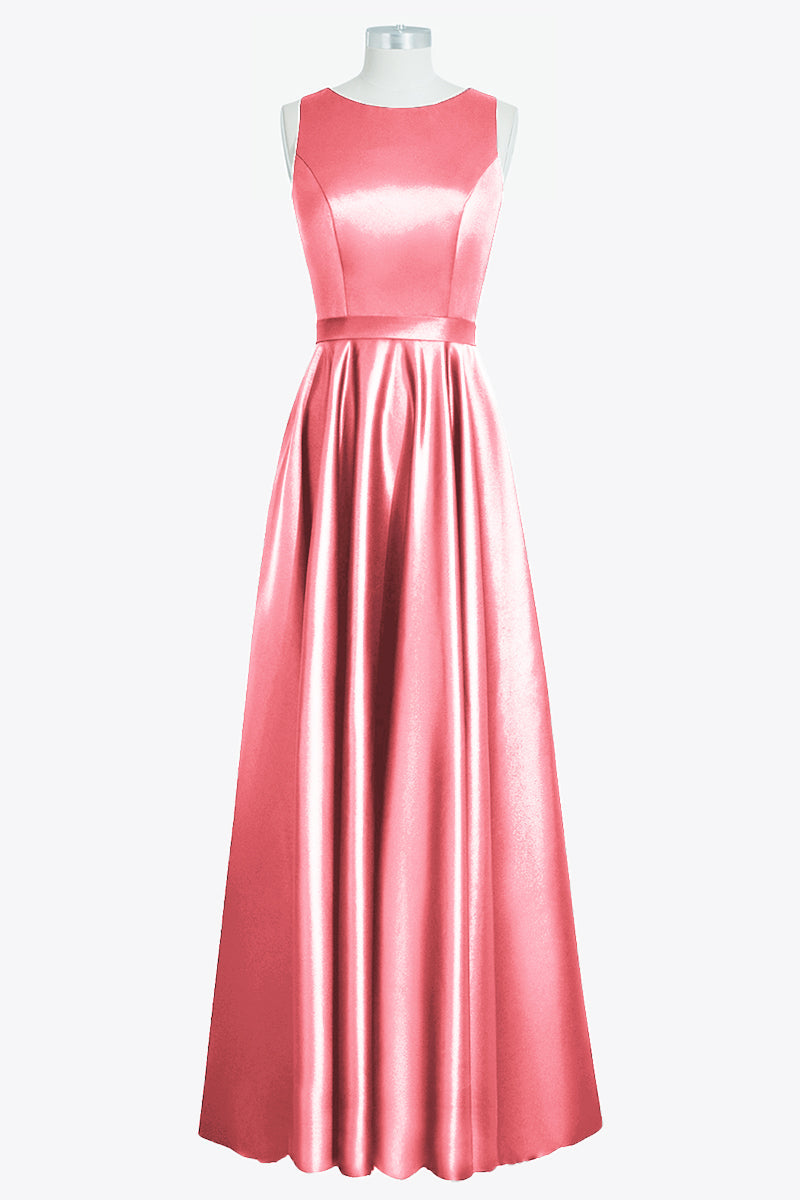 Satin Column Boat Neck Sleeveless Bridesmaid Dress-B14097