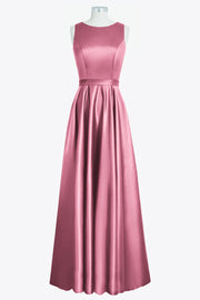 Satin Column Boat Neck Sleeveless Bridesmaid Dress-B14097