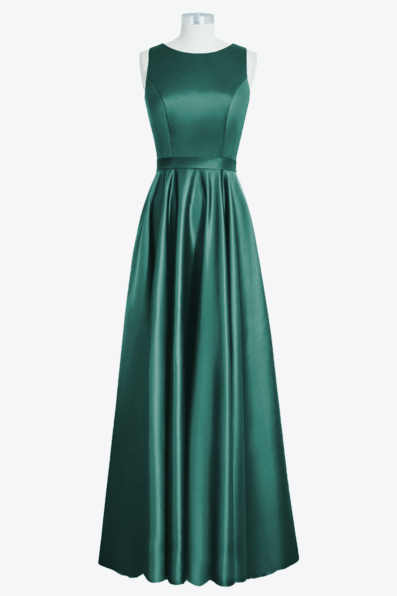 Satin Column Boat Neck Sleeveless Bridesmaid Dress-B14097