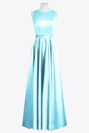 Satin Column Boat Neck Sleeveless Bridesmaid Dress-B14097