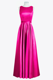 Satin Column Boat Neck Sleeveless Bridesmaid Dress-B14097